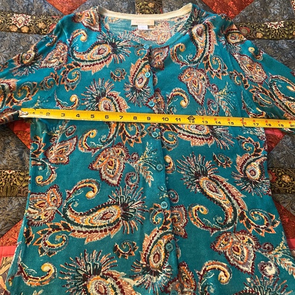 GARNET HILL Eco Merino blue paisley Cardigan S - Picture 3 of 6